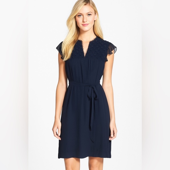 Rungolee Dark Navy Beaded Embroidered Bodice Chiffon Dress size Small - Picture 1 of 16